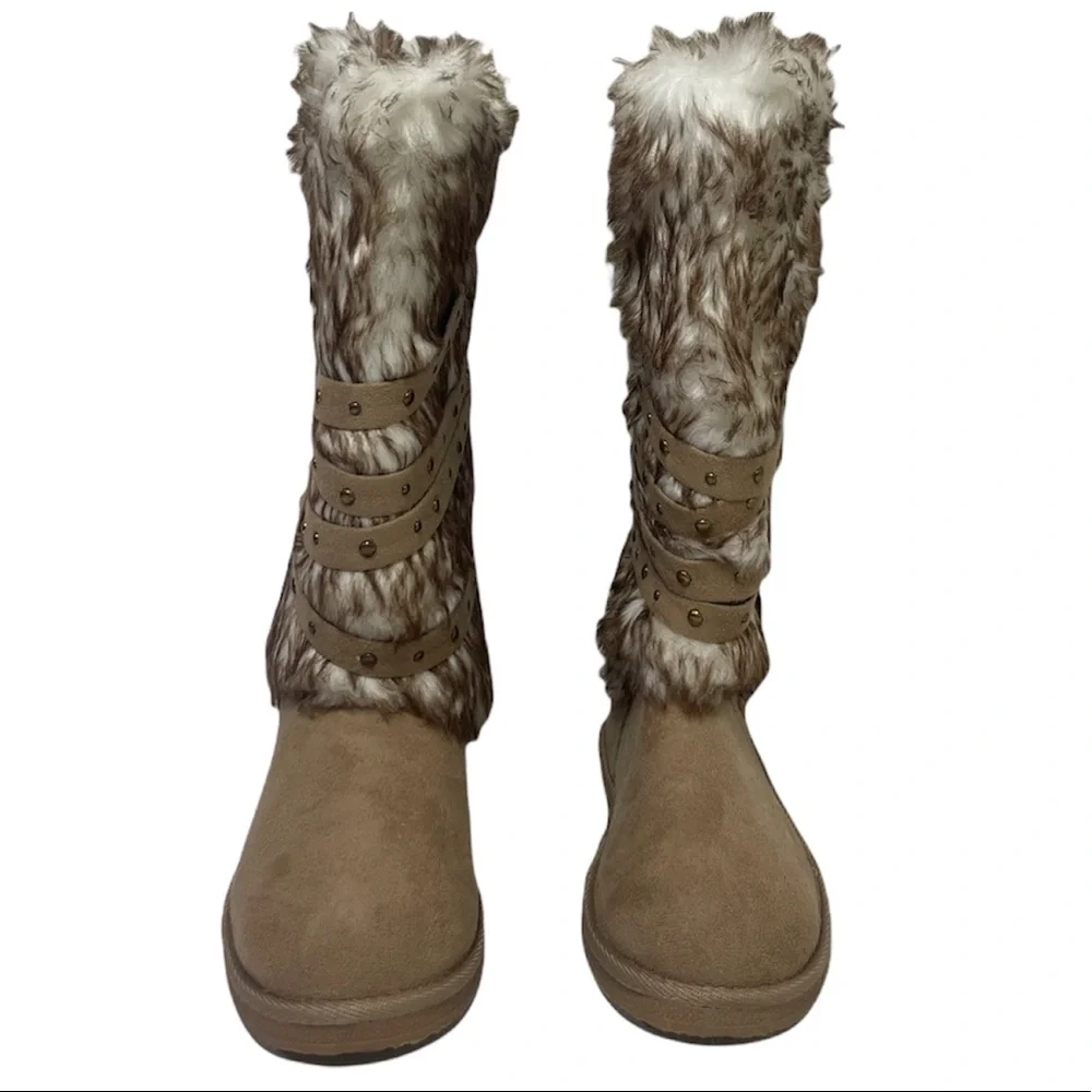Fur Boots Knee High Strappy Fleece Lined Chunky Eskimo Winter Snow Boots Size 8